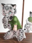  3:4 absurd_res anthro anus balls bite black_pawpads blue_eyes blush bottomless_male butt claws clothing ekosho felid finger_claws fur fur_growth genitals green_clothing green_shirt green_topwear grey_body grey_fur growth hair hi_res human human_to_anthro inner_ear_fluff kemono kneeling male mammal mid_transformation mirror pantherine pawpads shaded shirt short_sleeves snow_leopard solo species_transformation spots spotted_body spotted_fur tail_bite tail_in_mouth toe_claws topwear transformation tuft white_hair wood_floor 