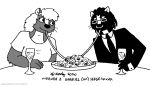 2020 anthro breasts clothed clothing duo eye_contact eyewear female food gabriel_(sergewolf) glasses greyscale looking_at_another male male/female mammal mephitid miranda_(sergewolf) monochrome necktie pasta skunk spaghetti tegerio wine_glass 
