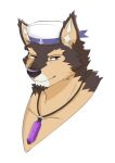  anthro bust_portrait canid canine canis crystal domestic_dog fur hi_res ioenami88 jewelry lifewonders live-a-hero male mammal multicolored_body multicolored_fur muscular muscular_anthro muscular_male necklace pecs portrait pubraseer sailor_hat sailor_uniform solo video_games 