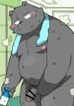  2021 absurd_res anthro balls belly black_nose blush bodily_fluids detailed_background flaccid foreskin gayousi7 genitals grey_body hi_res humanoid_genitalia humanoid_hands humanoid_penis inside kemono locker_room male mammal milk moobs navel nipples overweight overweight_male penis pubes solo sweat towel towel_around_neck uncut ursid 