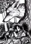  2021 ambiguous_gender canid canine feral forest fox group hi_res hiding hunter hunting kekpafrany mammal monochrome murid murine plant prey rat rodent signature traditional_media_(artwork) tree tree_root 