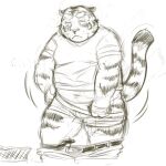 1:1 2017 anthro barely_visible_genitalia barely_visible_penis blush bodily_fluids clothing dysk3 felid genitals kemono male mammal overweight overweight_male pantherine penis shirt simple_background sketch solo sweat tiger topwear underwear undressing white_background 