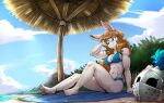  abs anthro armor armorbun beach bikini breasts clothed clothing cloud digital_media_(artwork) female fur hair headgear helmet hi_res lagomorph leporid long_hair mammal muscular muscular_anthro muscular_female otakuap parasol rabbit scar seaside sitting sky smile solo swimwear white_body white_fur 