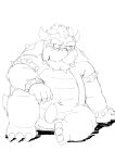  anthro belly big_belly blush bodily_fluids bowser erection genitals hi_res humanoid_hands kemono koopa male mario_bros monochrome nintendo overweight overweight_male penis scalie simple_background sitting solo sweat urakumaworld video_games white_background 