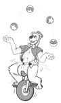  2021 5_fingers anthro biped black_and_white blush bottlebear bottlebear_(character) bow_tie circus clothed clothing diaper digital_drawing_(artwork) digital_media_(artwork) embarrassed english_text fingers fur hi_res juggling male mammal monochrome onomatopoeia open_mouth simple_background solo sound_effects text unicycle ursid white_background 