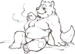  anthro belly biceps bulge canid canine canis clothing domestic_dog exe_exem facial_hair grin lifewonders live-a-hero looking_at_viewer male mammal musclegut mustache procy short_stack sitting sketch smile smoking solo underwear video_games 