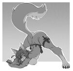  alanscampos anthro ass_up breasts canid canine canis claws female fur gradient_background greyscale hair hi_res knife mammal monochrome nipples simple_background solo wolf 
