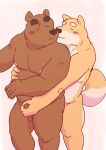  2015 anthro balls black_nose blush brown_body canid canine canis domestic_dog duo erection eyes_closed genitals hug hugging_from_behind humanoid_hands kemono kick_(artist) kissing male male/male mammal overweight overweight_male penis simple_background ursid 