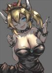  big_breasts black_clothing black_dress blonde_hair blue_eyes bowsette_meme breasts clothing collar crown dress eyebrow_through_hair eyebrows fangs female hair horn humanoid humanoid_pointy_ears konatsu_chi mario_bros meme nintendo one_eye_closed smile solo spiked_collar spikes super_crown translucent translucent_hair video_games wink wristband 