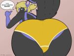  anthro blonde_hair blue_eyes butt close-up clothing dialogue english_text female geckonori hair looking_at_viewer looking_back looking_back_at_viewer mammal mephitid raised_tail simple_background skunk solo talking_to_viewer text underwear yellow_clothing yellow_underwear 