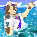  1:1 anthro blush bottomless canid canine canis clothed clothing crystal domestic_dog hi_res jewelry kannepaz lifewonders live-a-hero male mammal muscular muscular_anthro muscular_male necklace pawpads pubraseer purple_eyes sailor sailor_hat sailor_uniform solo underwater video_games water 