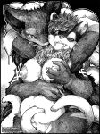  anthro bedroom_eyes breast_grab breasts chest_tuft consentacles duo fangs female greyscale hand_on_breast male male/female mammal monochrome narrowed_eyes nipples nude o-kemono seductive tentacles tuft 