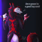  1:1 2021 anthro bdsm black_body blue_eyes butt claws digital_drawing_(artwork) digital_media_(artwork) dominant dominant_male english_text fluffy fluffy_tail fur hair hi_res looking_at_viewer male malekart neon_lights nude rear_view red_body red_fur red_hair sergal shaded signature simple_background smile solo text whip white_body white_fur 