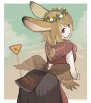  accessory anthro biped black_eyes brown_hair clothed clothing feathers female flower flower_crown flower_in_hair hair hair_accessory hi_res lagomorph leporid mammal plant rabbit rear_view sakutake signature sky smile solo tail_feathers warning_sign wings 