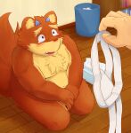  2014 anthro belly blush bodily_fluids brown_body brown_fur canid canine clothing fuboku fur horn humanoid_hands inside kemono male mammal overweight overweight_male solo_focus tears underwear 