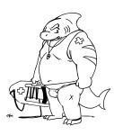  anthro belly bulge clothing fish kemono lifeguard male marine monochrome overweight overweight_male shark shirt simple_background solo swimwear topwear white_background ximen99_(artist) 