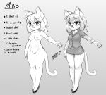 anthro blasticussaturn bottomwear business_suit clothing english_text felid feline female hair hi_res high_heels long_sleeves looking_at_viewer mammal miniskirt model_sheet monochrome nipples nude pawpads pencil_skirt short_hair signature simple_background skirt smile solo suit text 