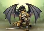  abluedeer abs action_pose anthro black_hair bottomwear breasts cheetah clothing demon felid feline female fur hair horn mammal melee_weapon membrane_(anatomy) membranous_wings midriff pose purple_eyes shorts solo spots spotted_body spotted_fur sword weapon wings yellow_body yellow_fur 