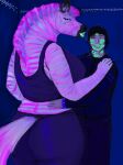  anthro big_breasts big_butt blacklight bodily_fluids breasts butt doctordj dominant dominant_female duo equid equine female glowing hi_res huge_breasts human kiss_mark kissing larger_anthro larger_female lipstick makeup male male/female mammal saliva saliva_string size_difference smaller_human smaller_male stripes zebra 