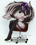  2021 anthro big_breasts breasts chair claws female furniture green_eyes hair looking_at_viewer luckypan mammal mephitid navel pen purple_hair skunk solo 