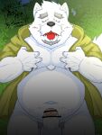  2021 3:4 absurd_res anthro balls belly black_nose blush bodily_fluids canid canine canis censored drooling erection fur genitals hi_res humanoid_genitalia humanoid_hands humanoid_penis kemono male mammal navel night outside overweight overweight_male penis pubes saliva solo tanutronik753_k tongue tongue_out white_body white_fur wolf 
