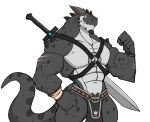  absurd_res anthro bottomwear clothing darknaigart dragon grey_body harness hi_res horn loincloth male melee_weapon muscular muscular_anthro muscular_male pecs scalie scar simple_background solo sword weapon white_background 