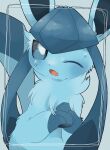  2021 3_toes black_nose blue_background blue_body blue_eyes blue_fur blue_theme blush bodily_fluids cute_fangs ear_tuft eeveelution feet fur glaceon gloves_(marking) kemono looking_at_viewer markings neck_tuft nervous nintendo one_eye_closed open_mouth paws pok&eacute;mon pok&eacute;mon_(species) simple_background simple_nose sitting socono_noa solo sweat sweatdrop toes tuft video_games 