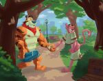  anthro archiblender bottomwear bulge clothing duo felid frosted_flakes genitals hand_holding hi_res kellogg&#039;s male male/male mammal mascot outside pantherine penis pink_panther shorts tiger tony_the_tiger 