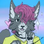  1:1 ambiguous_gender anthro black_pawpads bonekeeper clothed clothing domestic_cat felid feline felis girly hair icon looking_at_viewer male mammal open_mouth pawpads piercing pink_hair portrait simple_background smile solo tabby_fur tabbycat teeth teeth_showing teeth_visible 