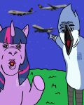  2021 anthro avian bird blue_body blue_jay cartoon_network corvid equid equine female friendship_is_magic gesture grass horn horse humor jay_(bird) looking_at_viewer male mammal meme mordecai_(regular_show) my_little_pony new_world_jay open_mouth oscine passerine plant pointing purple_body regular_show shitpost signature sir5000 sky tongue twilight_sparkle_(mlp) two_soyjaks_pointing unicorn what white_body 