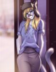  absurd_res anthro blonde_hair blue_eyes clothed clothing cougar fangs felid feline female fur hair hands_behind_back head_tilt hi_res hoodie leaning leaning_back looking_at_viewer mammal micheal_knight pink_nose saoirse smile solo tan_body tan_fur topwear toque 