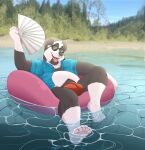  5_toes anthro black_body black_fur black_nose bottlebear bulge canid canine canis claws clothed clothing digital_drawing_(artwork) digital_media_(artwork) domestic_dog eyewear facial_piercing feet floatie fur giant_panda hand_fan hi_res hybrid inflatable male mammal nose_piercing nose_ring open_mouth outside piercing relaxing river shirt slightly_chubby solo sunglasses toe_claws toes tongue tongue_out topwear underwear ursid white_body white_fur 