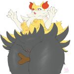  1:1 anthro big_breasts blush braixen breasts butt claws esahma female fur genitals hair hi_res highlights_(coloring) mature_female nintendo nipples open_mouth perspective pok&eacute;mon pok&eacute;mon_(species) pussy simple_background solo thick_thighs tuft video_games yellow_body 