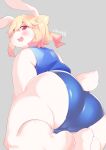  absurd_res all_fours anthro barefoot big_butt biped blonde_hair blue_clothing blue_swimwear blush butt butt_focus butt_pose clothed clothing digital_media_(artwork) feet female fluffy fluffy_tail fully_clothed fur glistening glistening_clothing glistening_hair grey_background hair hi_res highlights_(coloring) huge_butt kemono lagomorph leporid long_ears looking_at_viewer looking_back looking_back_at_viewer low-angle_view mammal monotone_body monotone_ears monotone_fur monotone_tail one-piece_swimsuit open_mouth open_smile ponytail pose rabbit rear_view red_eyes red_highlights scut_tail short_tail simple_background smile solo swimwear thick_thighs ukenya white_body white_ears white_fur white_tail 