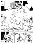 2011 anthro asian_clothing balls belly big_balls bottomwear canid canine clothing comic duo east_asian_clothing felid fundoshi genitals hoodie humanoid_hands inside japanese_clothing japanese_text kemono male mammal mature_male monochrome motogen overweight overweight_male pantherine pants raccoon_dog sitting sleeping tanuki text tiger topwear underwear 