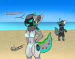  anthro beach bikini bitware_(byteware) breasts clothed clothing dialogue digital_media_(artwork) english_text female fur green_body green_fur grey_body grey_tail halcyon_(protohalcyon) machine male male/female mammal outside protogen sand seaside sky string_bikini swimwear text water wolfwars_(bytewaretheproto) 