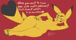  &lt;3 anthro brown_eyes claws dialogue digital_media_(artwork) english_text eyebrows feet female fur genitals hi_res huge_hips lounging lying mammal nintendo nude on_side pikachu pok&eacute;mon pok&eacute;mon_(species) pussy simple_background smile solo teasing text thick_eyebrows tsundere video_games wide_hips winteranswer 