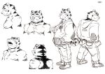  2011 anthro bottomwear butt clothing felid hoodie humanoid_hands kemono male mammal model_sheet moobs motogen multiple_poses nipples pantherine pants pose simple_background solo tiger topwear white_background 