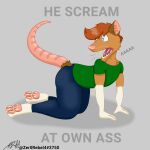  1:1 aaaaaaaaaaa all_fours anthro big_butt blue_eyes bottomwear brown_body brown_eyes brown_fur brown_markings butt cheek_tuft chest_tuft chin_tuft clothed clothing didelphid digital_drawing_(artwork) digital_media_(artwork) elbow_tuft english_text facial_tuft fur hair heterochromia hi_res humor male mammal markings marsupial meme open_mouth orange_body orange_fur orange_hair pants pawpads paws profanity raised_tail scream_at_own_ass screaming shirt solo t-shirt text timothy_(zer0rebel4) topwear tuft white_body white_fur white_markings wide_eyed zer0rebel4 