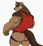  absurd_res anthro brown_body brown_fur butt canid canine canis clothing darknaigart fur hi_res jackal jockstrap male mammal muscular muscular_anthro muscular_male shirt simple_background solo tank_top topwear underwear white_background 