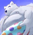  2015 anthro belly blush clothing eyes_closed fuboku fur humanoid_hands kemono male mammal moobs nipples overweight overweight_male polar_bear solo swimwear ursid ursine white_body white_fur 