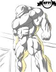  2021 4_fingers abs alien belt big_muscles clothed clothing disney fingers gantu huge_muscles lilo_and_stitch looking_down low-angle_view male monochrome muscular muscular_male nfp pecs solo standing uniform 