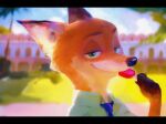  anthro biped black_bars blue_sky building candy canid canine clothing cloud dessert disney food fox grass green_clothing green_eyes green_shirt green_topwear hi_res lollipop looking_at_viewer male mammal necktie nick_wilde plant red_fox shirt shrub sky smile solo toiku topwear tree tuft zootopia 