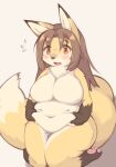  2021 absurd_res anthro belly big_breasts blush bodily_fluids breasts brown_body brown_fur brown_hair brown_nose canid canine chest_tuft curvy_figure dipstick_ears dipstick_tail featureless_breasts feet female fluffy flying_sweatdrops fox fur hair hi_res kemono kneeling long_hair mammal multicolored_body multicolored_ears multicolored_fur multicolored_tail navel nude open_mouth orange_eyes overweight overweight_anthro overweight_female pawpads paws shitsu_kushi-mono slightly_chubby solo sweat sweatdrop tan_body tan_fur thick_thighs tuft voluptuous white_body white_fur 