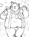  2014 anthro autumn biped bottomwear canid canine canis clothing domestic_dog humanoid_hands kemono kiyo male mammal monochrome outside overweight overweight_male pants scarf solo sweater topwear 