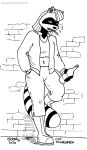  anthro beer_bottle boots cigarette clothed clothing female footwear fur hair jacket leather leather_clothing leather_jacket leather_topwear mammal midriff monochrome navel procyonid raccoon ringtail solo tegerio topwear 