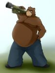  2010 3:4 alternate_text_(artist) anthro belly big_belly black_nose bottomwear brown_body clothing humanoid_hands kemono male mammal obese obese_male overweight overweight_male pants solo ursid weapon 