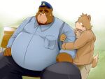  2011 4:3 alternate_text_(artist) anthro belly bench big_belly blush bodily_fluids bottomwear brown_body brown_fur canid canine canis clothing domestic_dog duo fur hat headgear headwear hoodie humanoid_hands kemono male mammal obese obese_male overweight overweight_male pants shirt sitting sweat topwear 