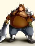  2012 3:4 alternate_text_(artist) anthro armor belly big_belly black_nose blush bottomwear brown_body brown_fur clothing fur humanoid_hands kemono male mammal obese obese_male overweight overweight_male pants simple_background solo ursid weapon 