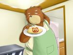  2010 4:3 alternate_text_(artist) anthro apron blush brown_body clothing detailed_background food humanoid_hands inside kemono male mammal overweight overweight_male shirt solo topwear ursid 